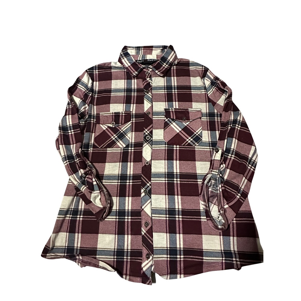 Polly & Esther Womens Plaid Button Down Shirt Burgundy Cream Roll Tab Sleeve